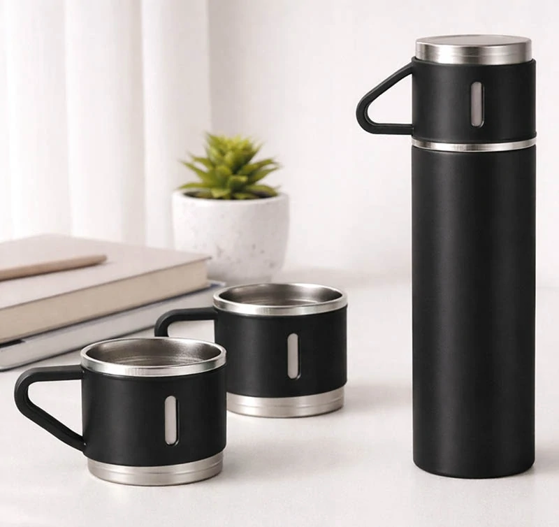 Termoska 400 ml s 3 pohármi čierna