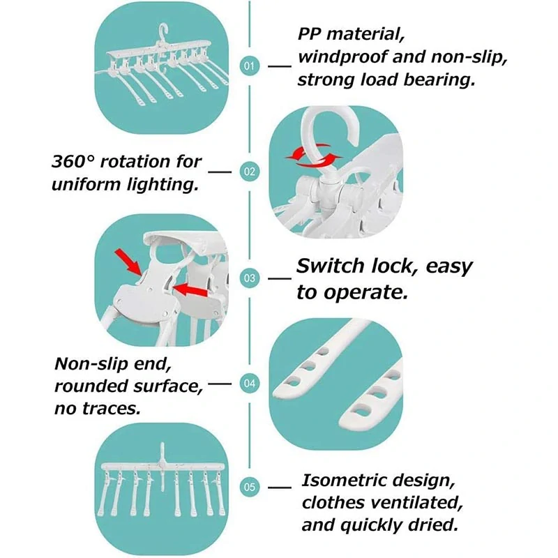 Multifunkčný skladací vešiak na oblečenie s otočným hákom a 8 ramenami