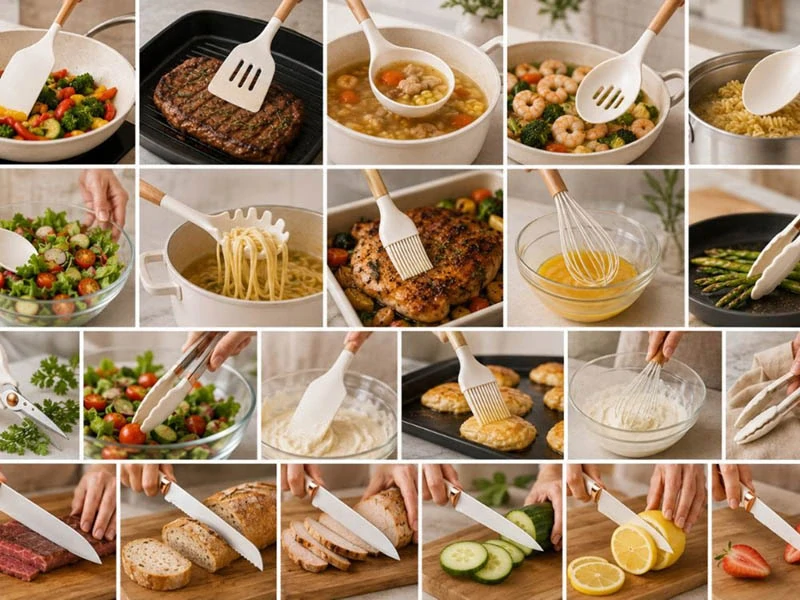 Silikónové kuchynské náradie s nožmi 19-dielna sada biela
