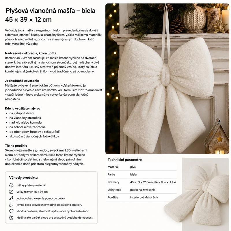 Plyšová vianočná mašľa biela 45 × 39 cm