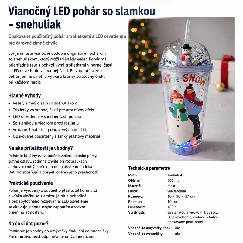 Vianočný LED pohár so slamkou – motív snehuliak