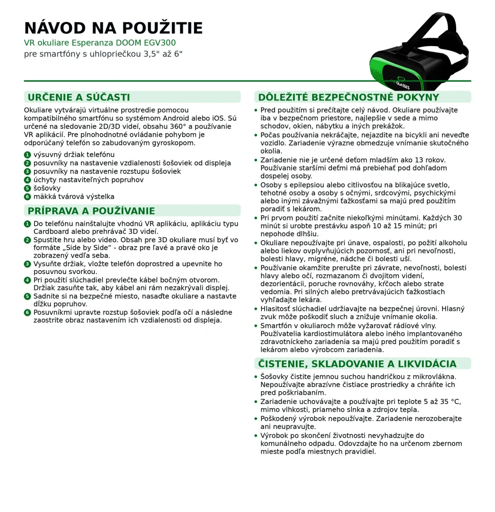 VR okuliare Esperanza DOOM pre smartfóny 3,5" až 6"