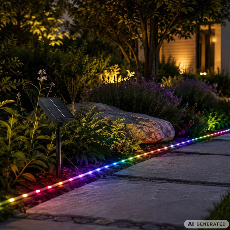 Solárny RGB LED pás 5 m IP65 s diaľkovým ovládaním a časovačom