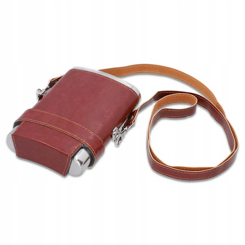 Ploskačka nerezová 240ml kožená s pohárikmi