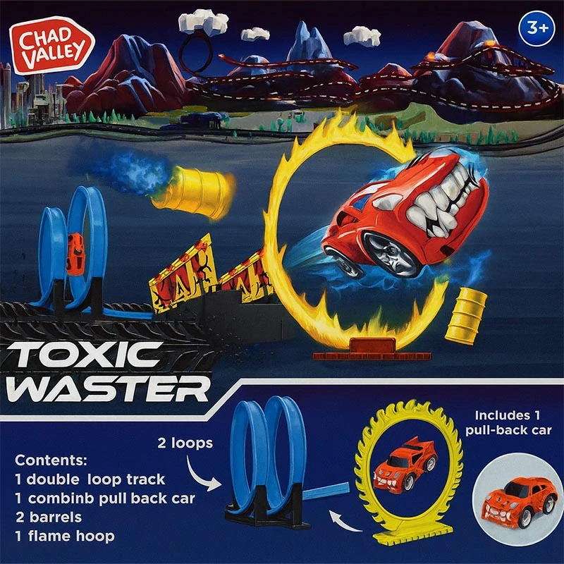 Pretekárska dráha Toxic Waster s dvojitým loopingom a autíčkom – modrá, 61 × 23 × 6 cm