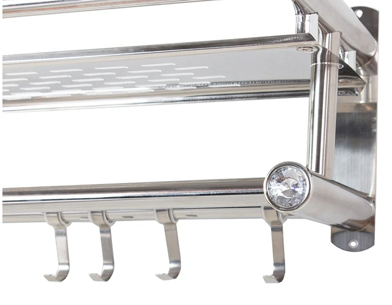 Nástenná polička do kúpeľne hliníková so závesnou tyčou a háčikmi strieborná