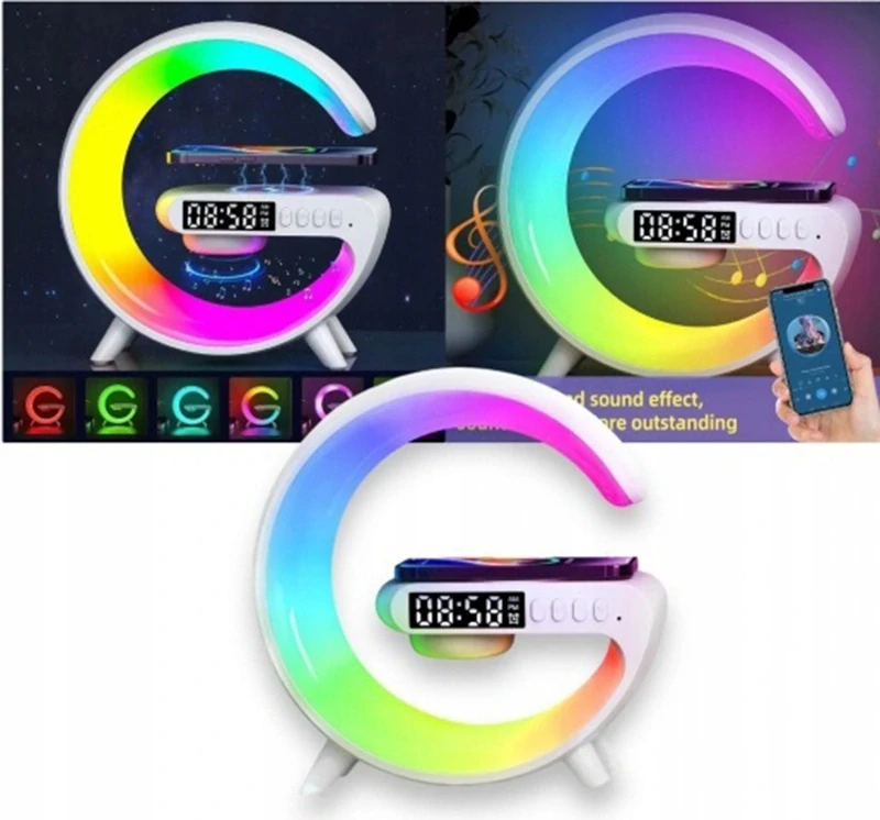 Indukčná nabíjačka Qi s lampou, hodinami a bluetooth reproduktorom