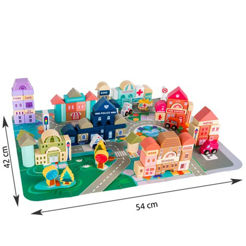Detské drevené kocky Mesto 115 dielov s puzzle podložkou