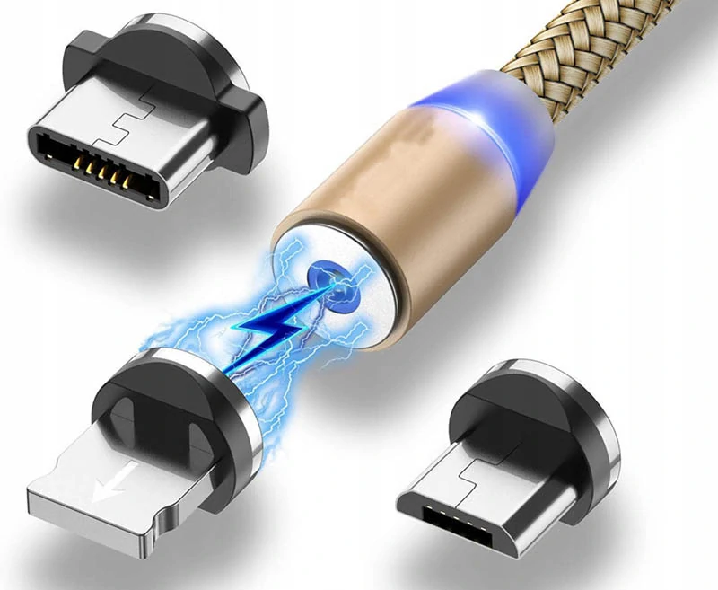 Magnetický kábel USB 3v1 iPhone, Micro USB, USB C 1m zlatý