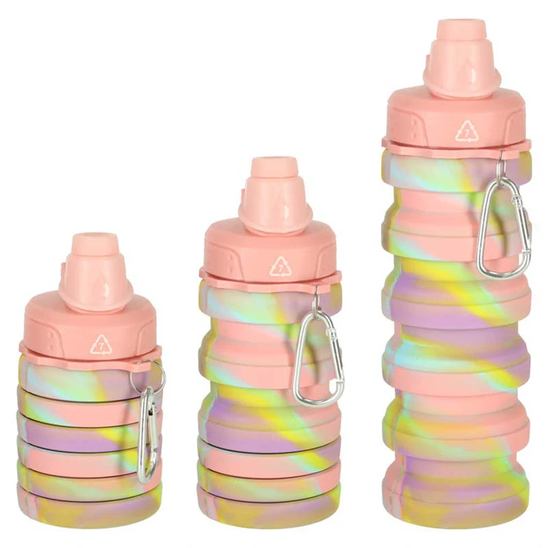 Silikónová skladacia fľaša na vodu s karabínkou 500 ml dúhová