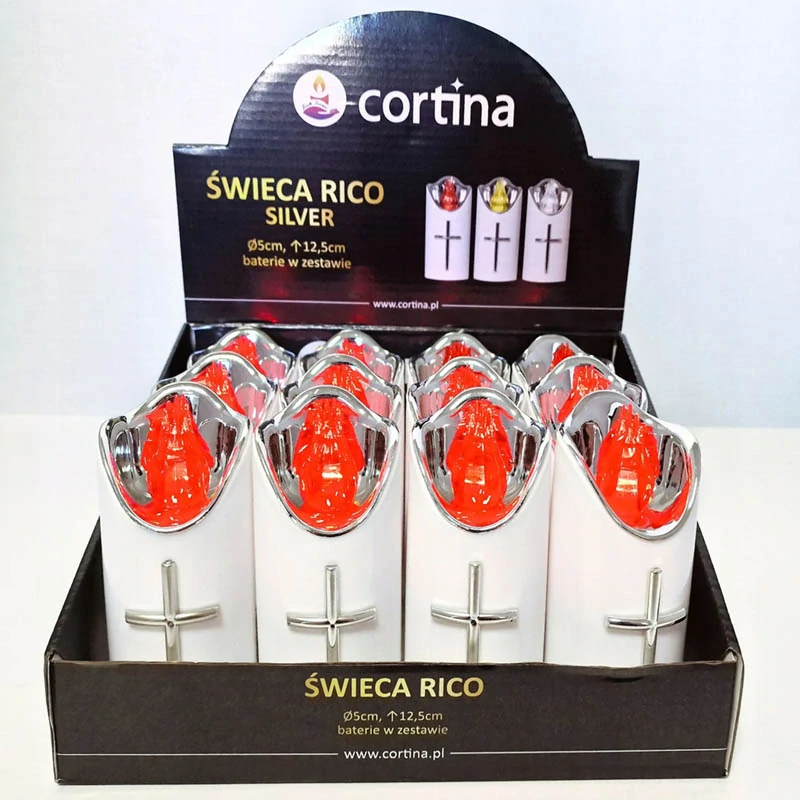 LED dekoratívna sviečka RICO 12,5 cm na batérie – červené svetlo, bielo-strieborno-červený dizajn