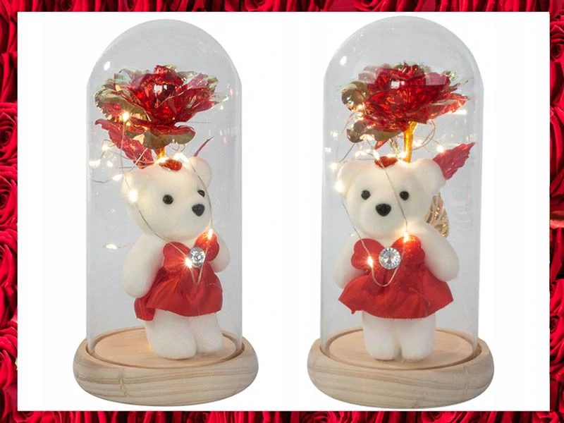 LED ruža v skle svietiaca s medvedíkom