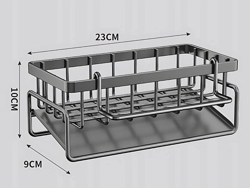 Kovový odkvapkávač do drezu na hubky, kefky a kuchynské doplnky