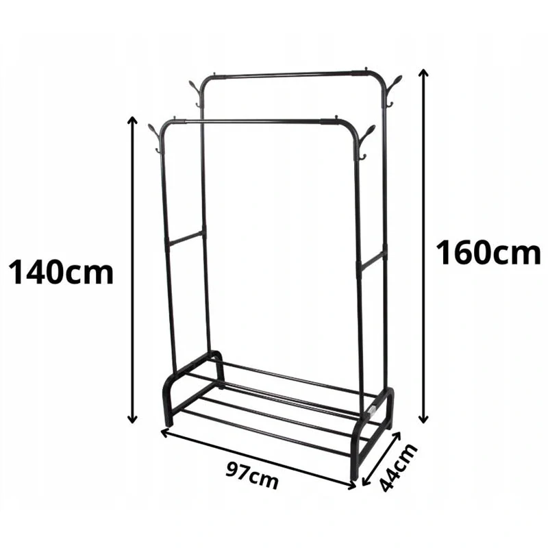 Kovový stojanový vešiak na oblečenie s policami na topánky 160 cm čierny