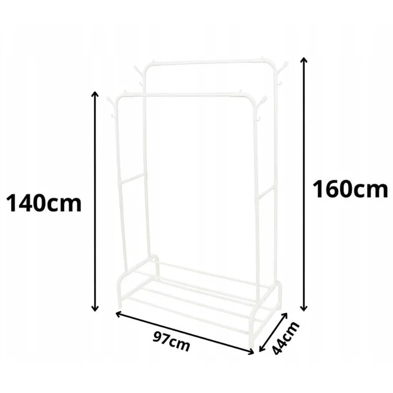 Kovový stojanový vešiak na oblečenie s policami na topánky 160 cm biely