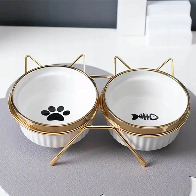 Keramické misky pre mačku alebo malého psa na stojane – 2× 300 ml bielo-zlaté