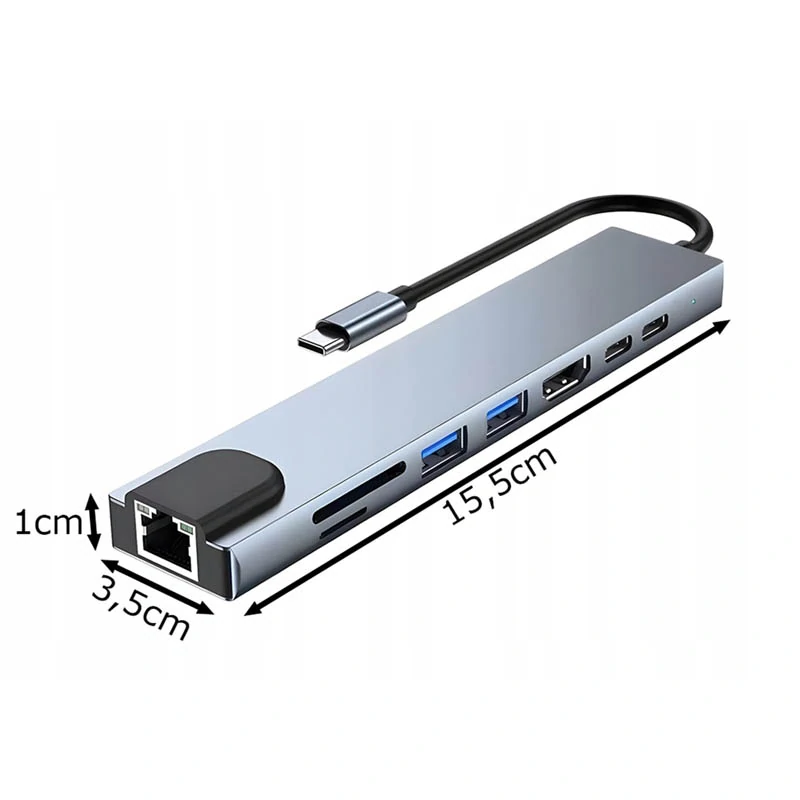 USB-C hub 8 v 1 s HDMI, RJ45 a čítačkou kariet