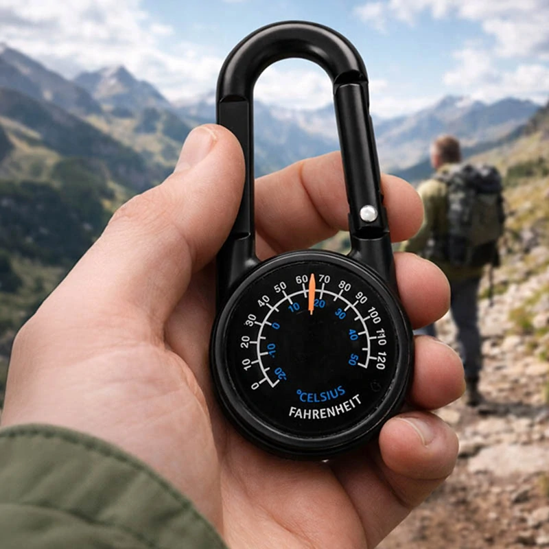 Kompas s karabínkou a teplomerom
