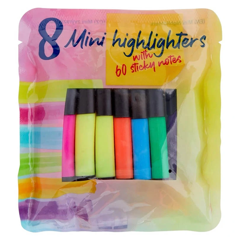 Sada mini zvýrazňovačov 8 ks + samolepiace poznámkové lístky