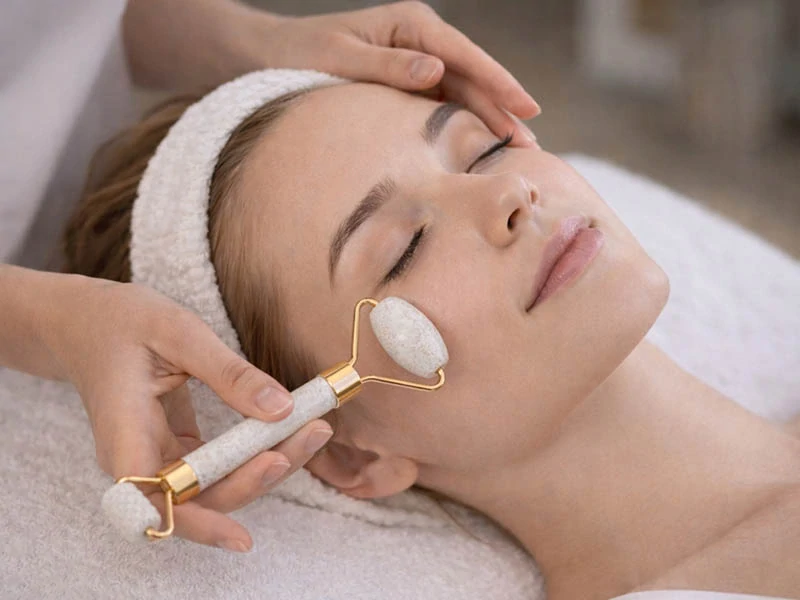 Masážny set na tvár z jadeitu 3v1 biely