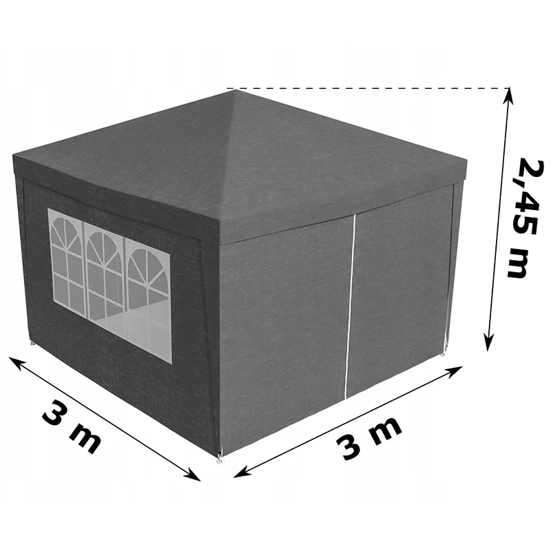 Záhradný pavilón 3 × 3 m so 4 bočnými stenami (sivý)