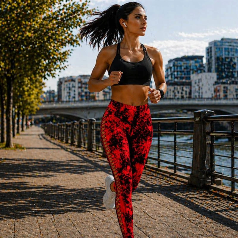 Dámske legíny push up mramorový vzor S/M červené