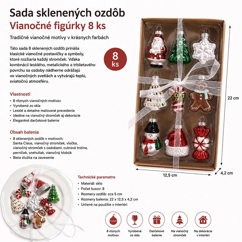 Sklenené vianočné ozdoby – sada 8 figúrok na vianočný stromček
