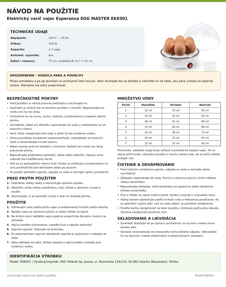 Varič vajec Esperanza EGG MASTER na 1 až 7 vajec