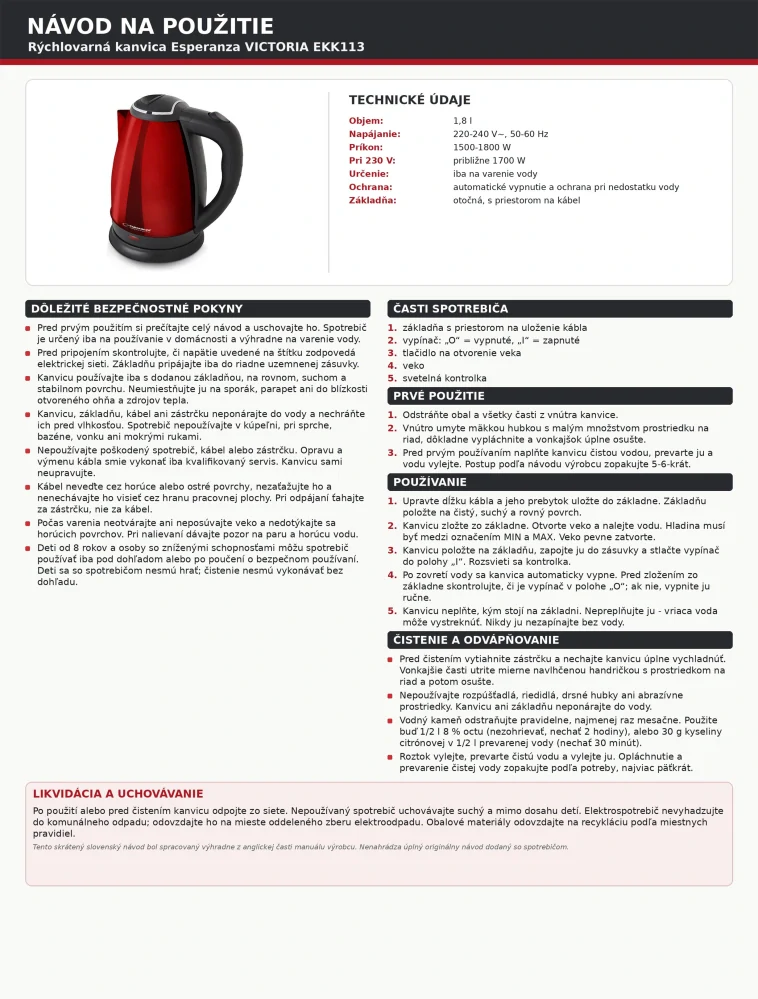 Rýchlovarná kanvica Esperanza VICTORIA 1,8 l červená