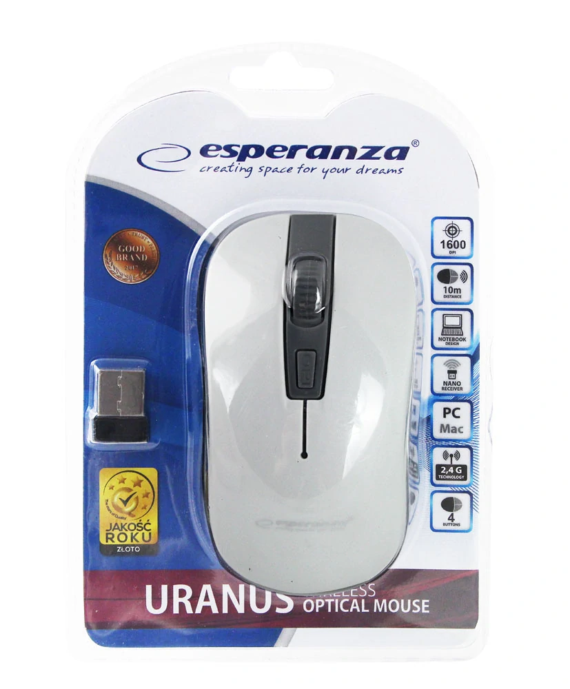 Bezdrôtová optická myš Esperanza Uranus 2,4 GHz, bielo-sivá