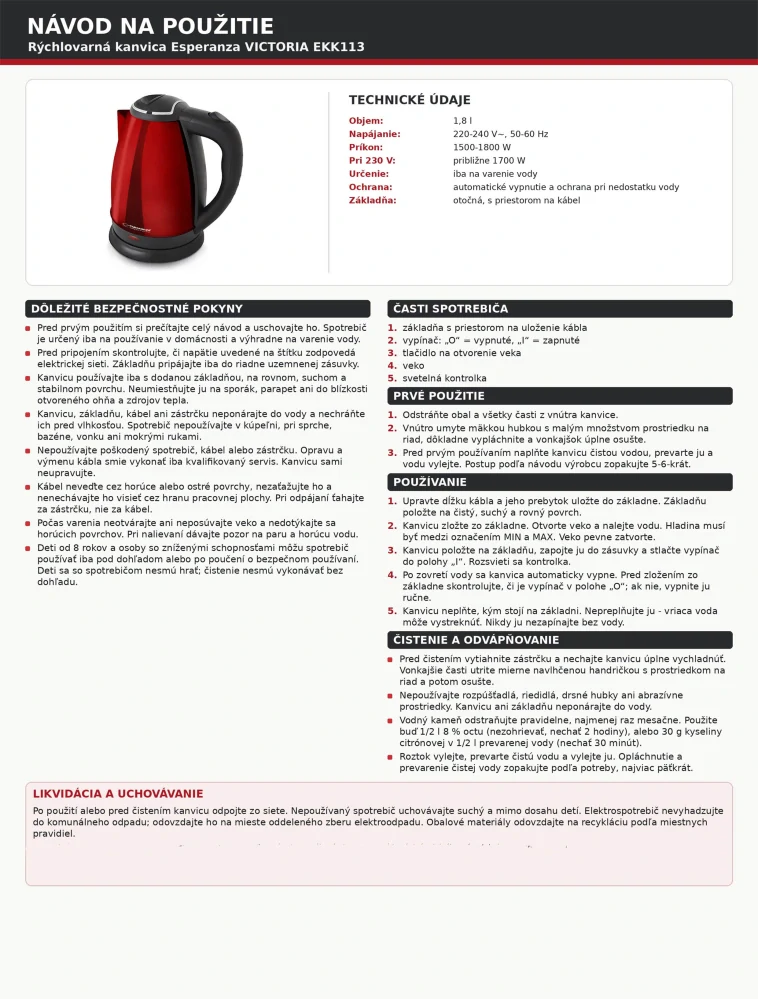 Rýchlovarná kanvica Esperanza VICTORIA 1,8 l biela