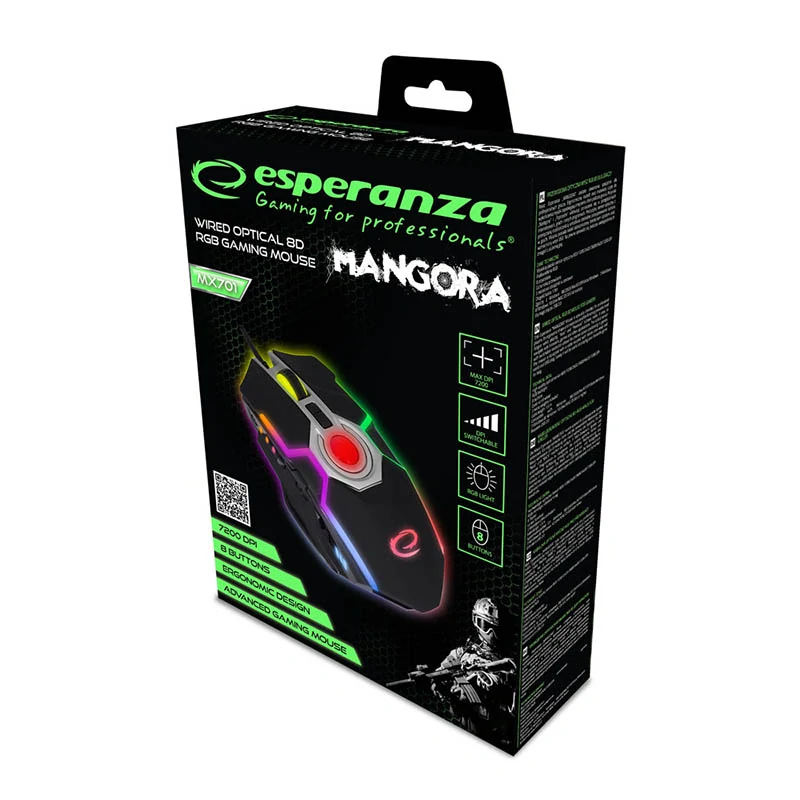 Herná optická myš Esperanza MANGORA s RGB podsvietením a 7200 DPI