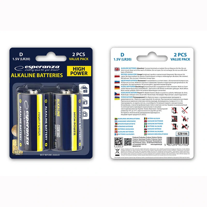 Alkalické batérie Esperanza D LR20 1,5 V – 2 ks