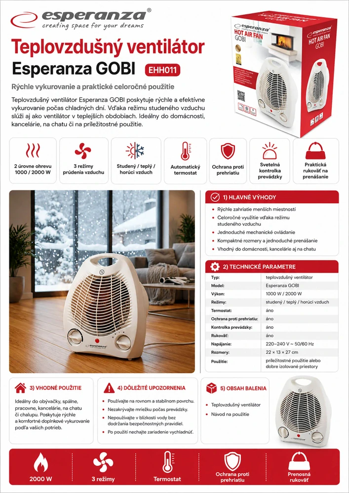 Teplovzdušný ventilátor Esperanza GOBI 1000 W / 2000 W