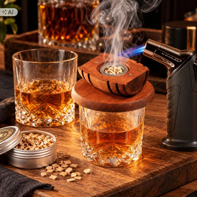 Sada na aromatizovanie whisky dymom s horákom pohármi a 6 druhmi dreva