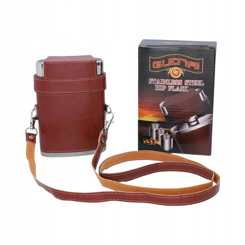 Ploskačka nerezová 240ml kožená s pohárikmi