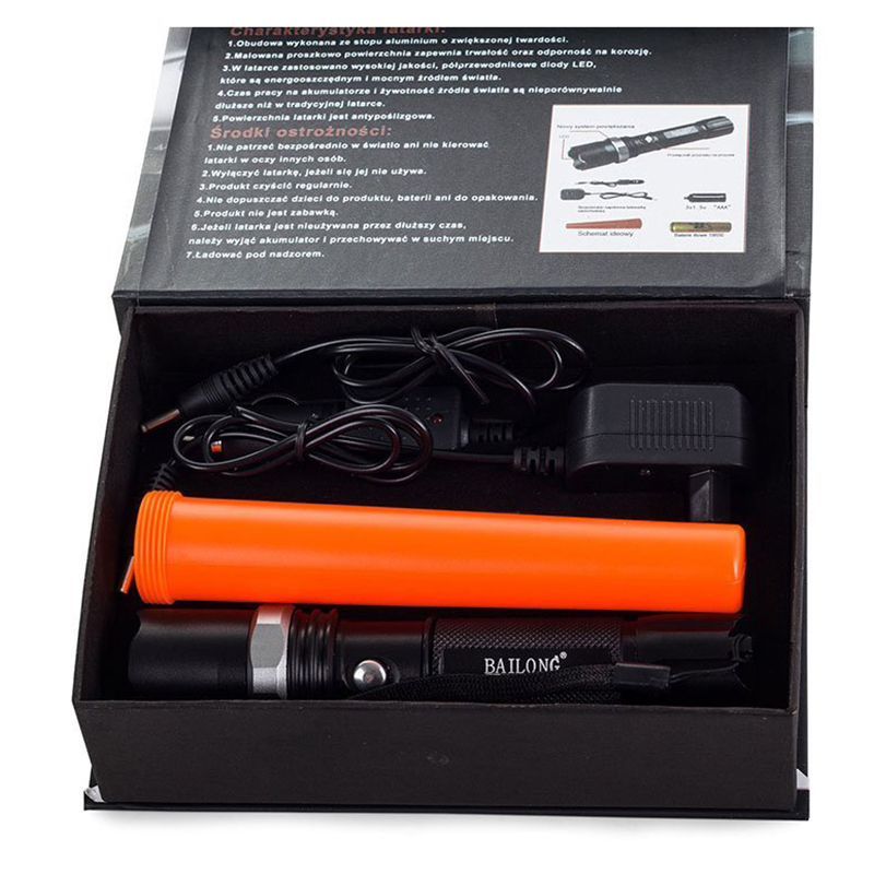 LED baterka Bailong s nabíjaním, zoomom a signalizačným prekrytím