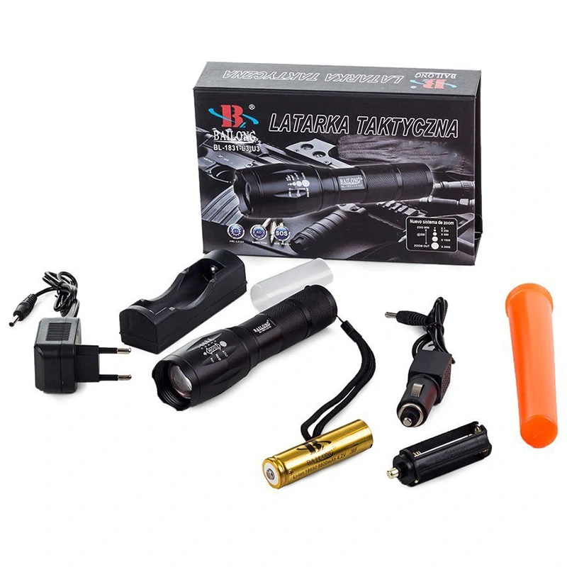 Výkonná LED baterka Bailong XM-L3-U3 so zoomom a signalizačnou nadstavbou
