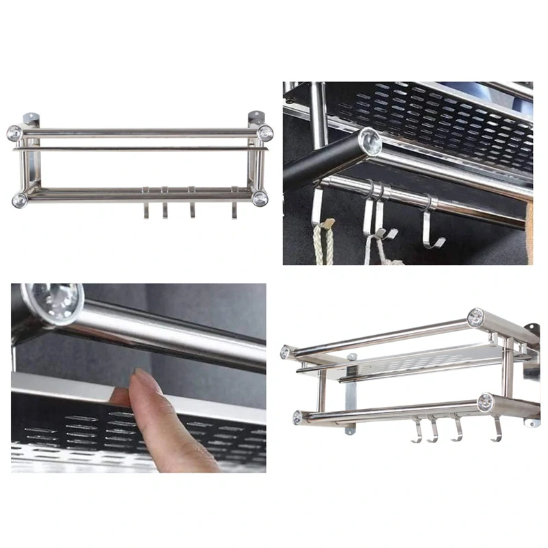 Nástenná polička do kúpeľne hliníková so závesnou tyčou a háčikmi strieborná