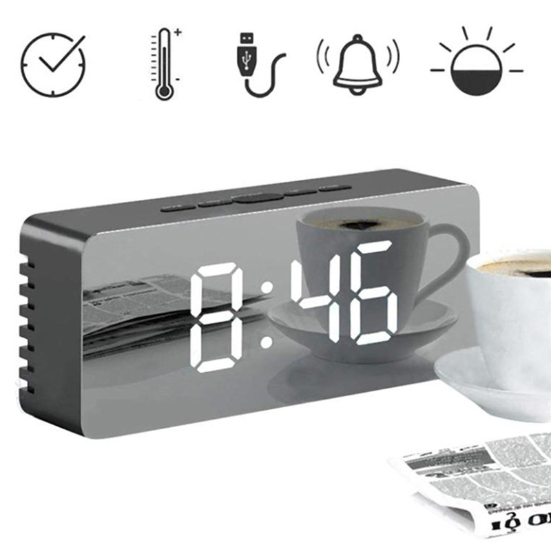 Budík s teplomerom a zrkadlom LED čierny 4v1