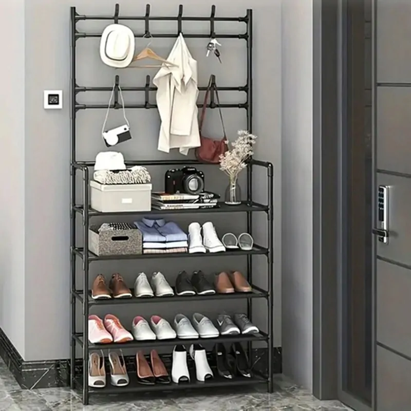 Kovový regál na topánky s vešiakmi čierny 168 x 60 x 26cm