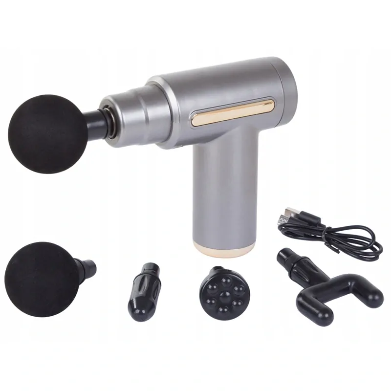 Pištoľ na masírovanie tela sivá s 4 nástavcami a 6 úrovňami intenzity