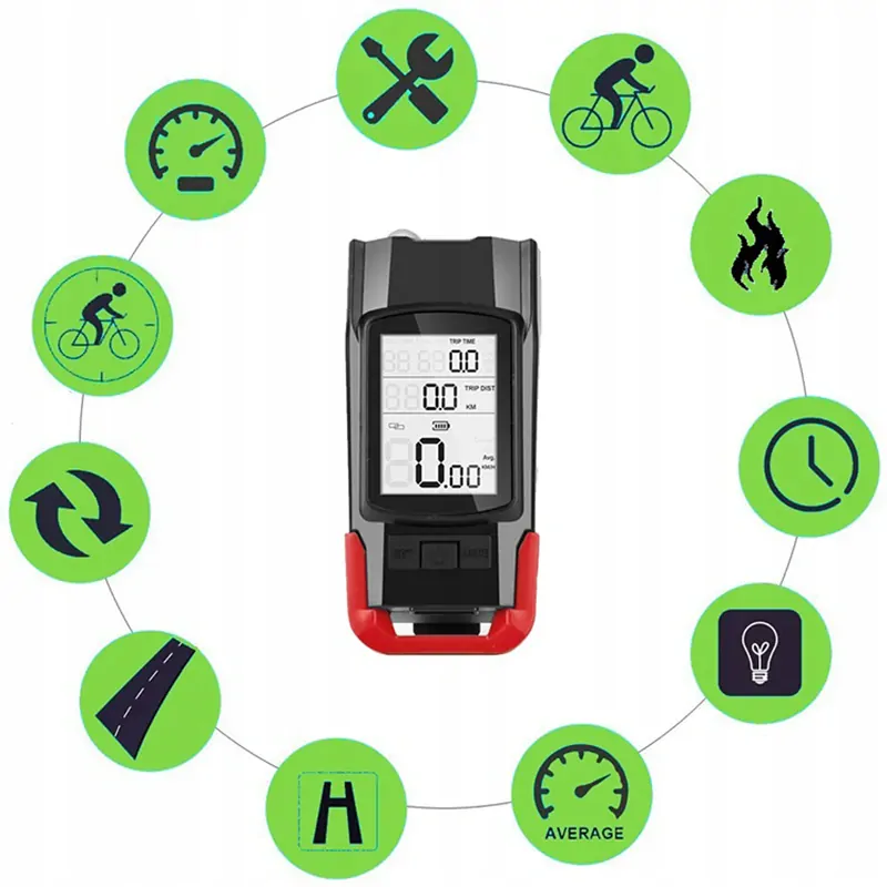 Cyklistická sada - predné a zadné svetlo, zvonček, cyklopočítač červené