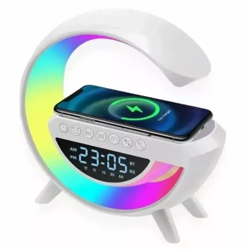 Indukčná nabíjačka s lampou, hodinami a bluetooth reproduktorom