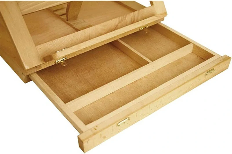 Drevený maliarsky stojan s úložnou zásuvkou