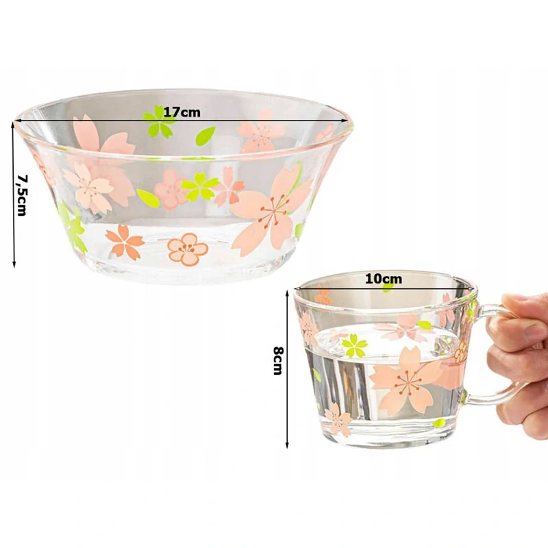 Sada sklenených misiek a pohárov s kvetinovým vzorom – 6 ks (4 misky + 2 poháre)