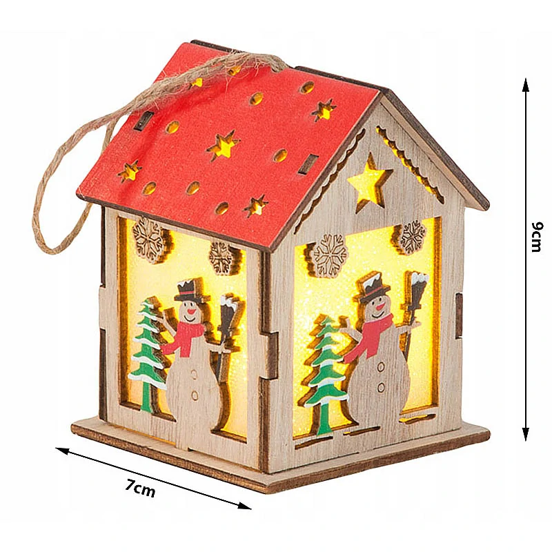 Drevený visiaci LED lampáš na stromček so snehuliakom