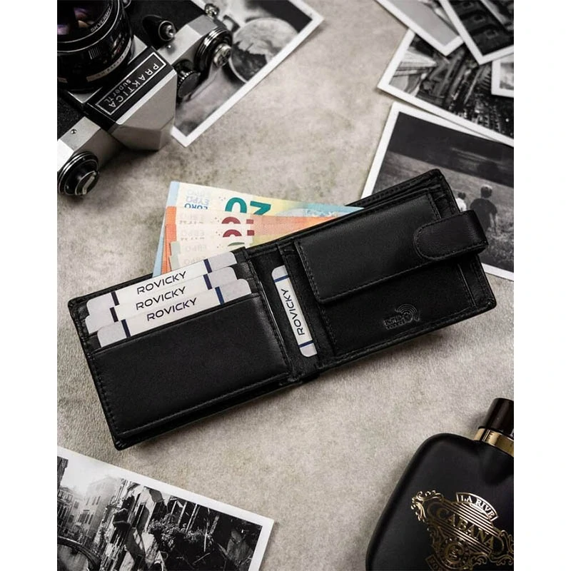 Darčeková sada Rovicky® – pánska peňaženka a kľúčenka z pravej kože - čierna