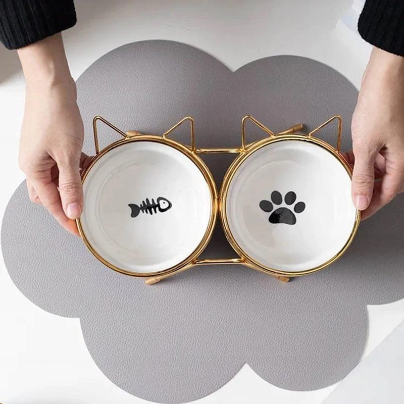 Keramické misky pre mačku alebo malého psa na stojane – 2× 300 ml bielo-zlaté