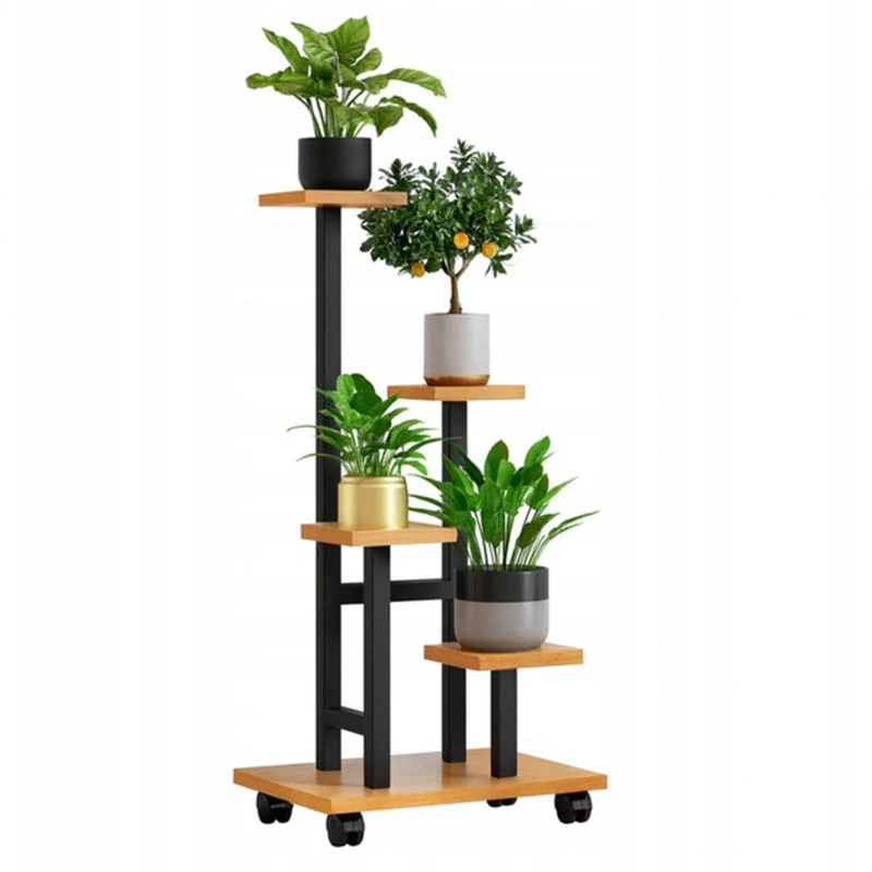 Kovový stojan na kolieskach na 4 kvetináče 86cm čierny